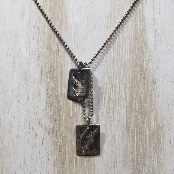 AUTHENTIC VERY HTF PLAYBOY STERLING BUNNY & HUGH HEFNER DOG TAG NECKLACE 17.5" - Picture 3 of 14